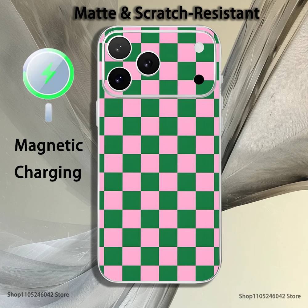 Checkered Pattern Magnetic Wireless Charging Transparent White Phone Case For iPhone 17,16,15,14,13,12,11,Pro,Max,Plus