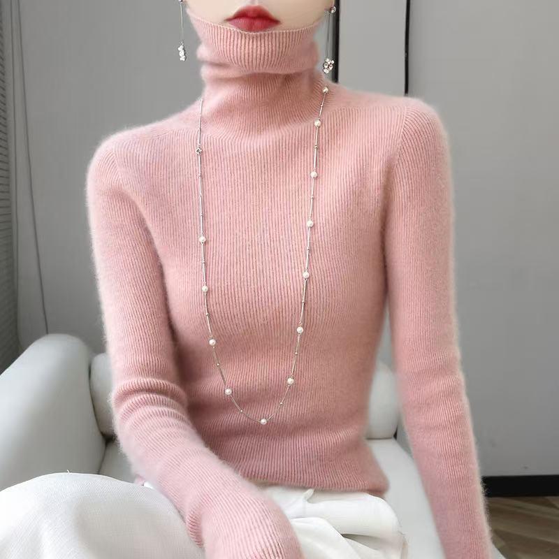 Women’s 2025 Autumn/Winter Pure Wool Sweater, Half-High Neck, Ribbed, Slim-Fit, Figure-Flattering with Cashmere Inner Layer