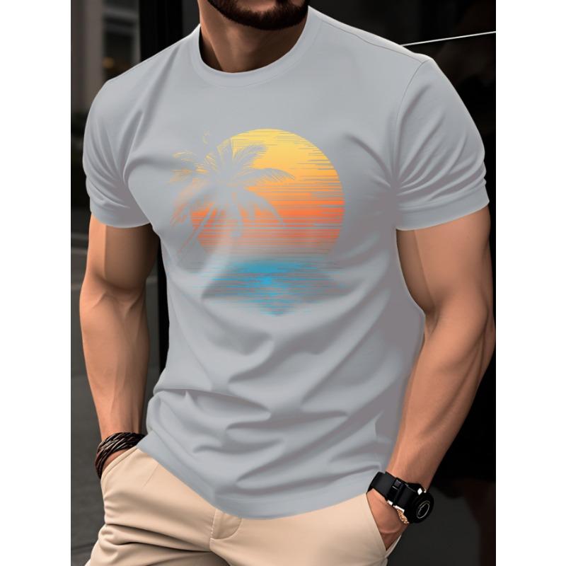 Men's Summer Casual Fashion Sunset Palm Tree Print Crew Neck Short Sleeve T-Shirt