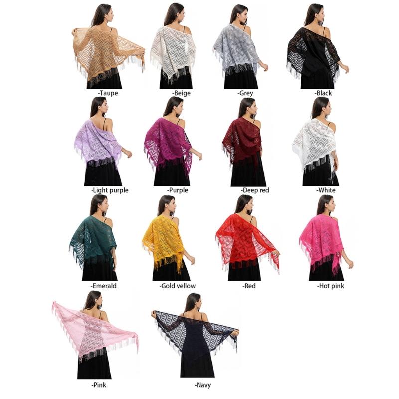 Women's Triangle Lace Shawl with Tassels Waved Shoulder Wrap Shawl Scarf for Bridal Gowns and Evening Parties