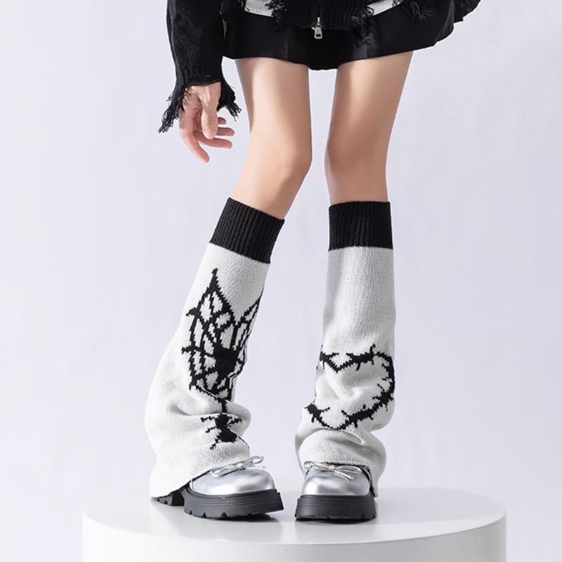 Reversible Knitted Long Tube Leg Warmers with Cute Cats Pattern for Women Punk Grunge Flared Boot Covers Footless Socks