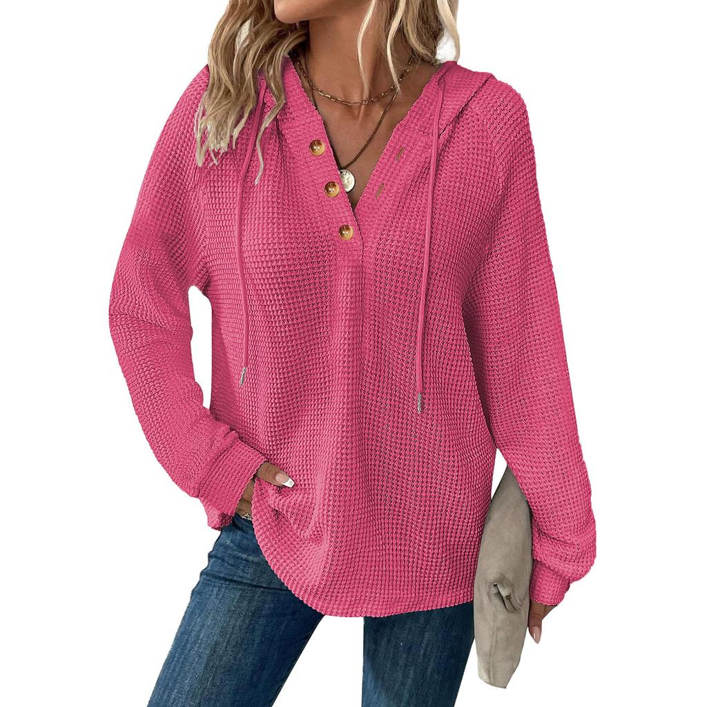 Women's Fashion Long Sleeve Drawstring Hooded Button V-neck Casual Hooded Sweatshirt Top