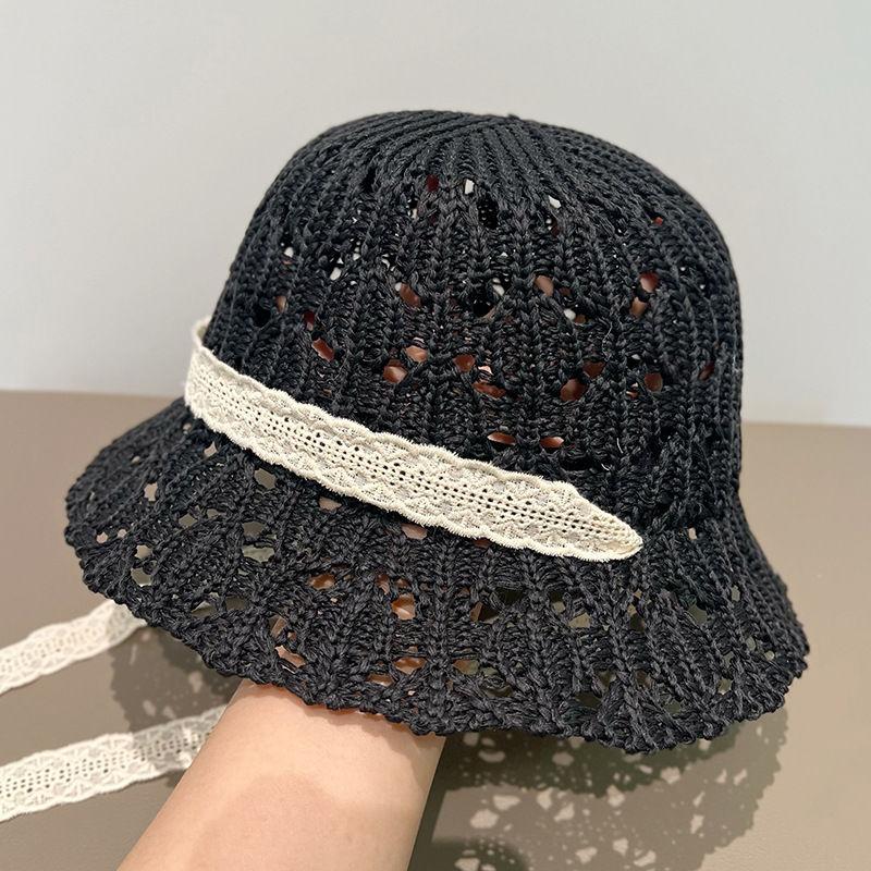 New Lace Strap Basin Hat Women's Hollow Breathable Bucket Hat Summer Beach Seaside Vacation Sun Hat