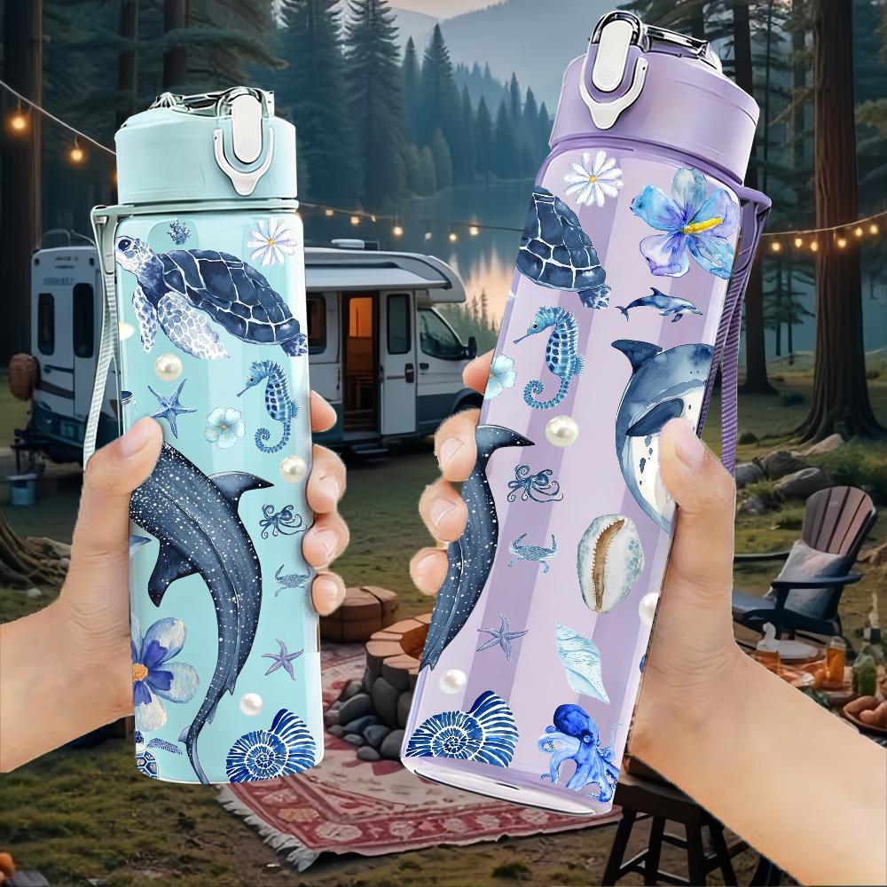 1 Stück Blau Grau Delfin Koralle Wiederholende Textur 750ml Farbe Kunststoff Wasserflasche Auslaufsicher Klappdeckel mit Strohhalm Für Sport Büro Heimgebrauch