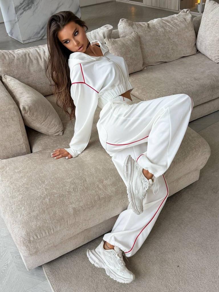 Lines Short Stand-Up Collar Sports Suit Women's, Zipper Waist Jacket High Waist Wide Leg Tights Sweatpants Two Pieces