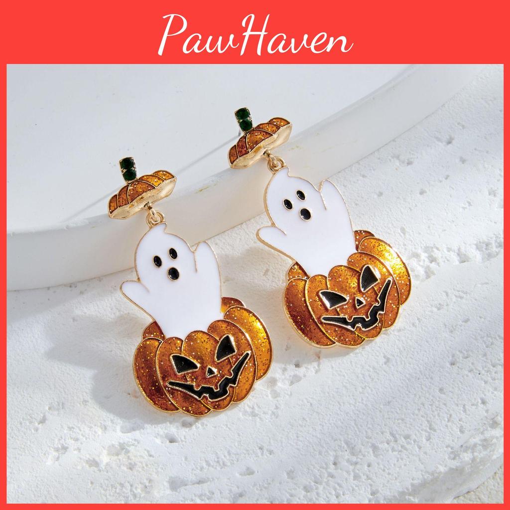 Ghostly Chic Pumpkin Earrings With Intricate Rhinestone Detailing Ideal For Halloween Fashionistas