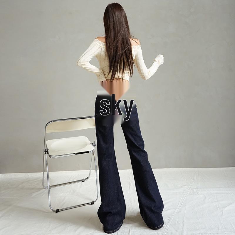 Women's Dark Blue Low-Rise Micro Flare Jeans - Autumn 2025 Slim Fit, Stretch Bell Bottoms