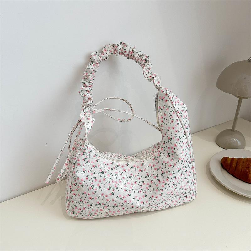 Geantă de umăr cu capacitate mare pentru femei, vară populară, cu flori, subraț, geantă de navetă, versatilă, plisată, geantă de mână