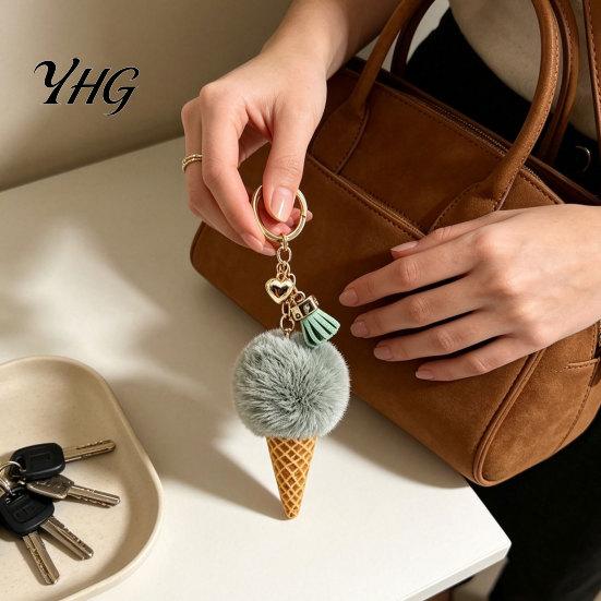 Soft Decorative Charm Plush Ice Cream Keychain for Backpacks, Fluffy Cone Keyring Decor Bag Charm, Pendant with Metal Ring Backpack Decoration