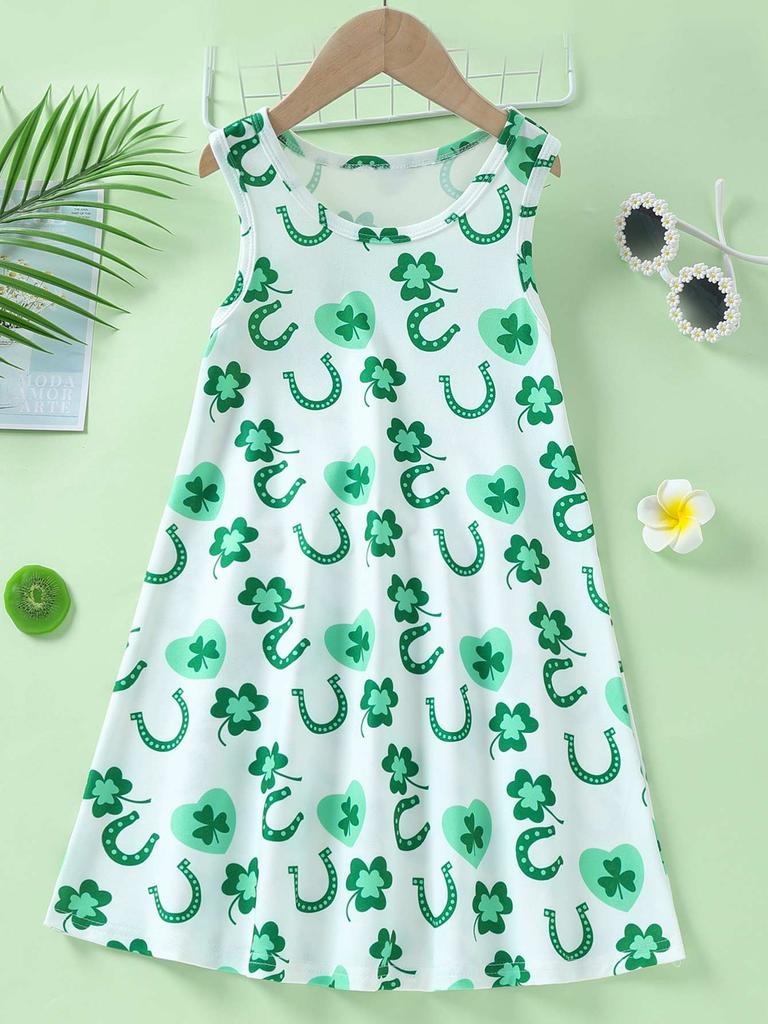 Sleeveless Little Kids Dress, Green Comfortable and Soft A Line Sundress Holiday Gift Age 2T-8Y