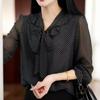 Women's Elegant V-neck Black Polka Dot Chiffon Lace-up Top