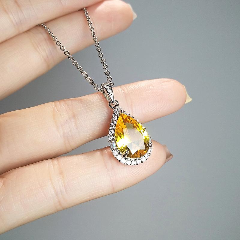 Water Drop-Shaped Aquamarine Pendant Temperament Inlaid With Imitation Emerald Yellow Zirconium White Gold Necklace Women