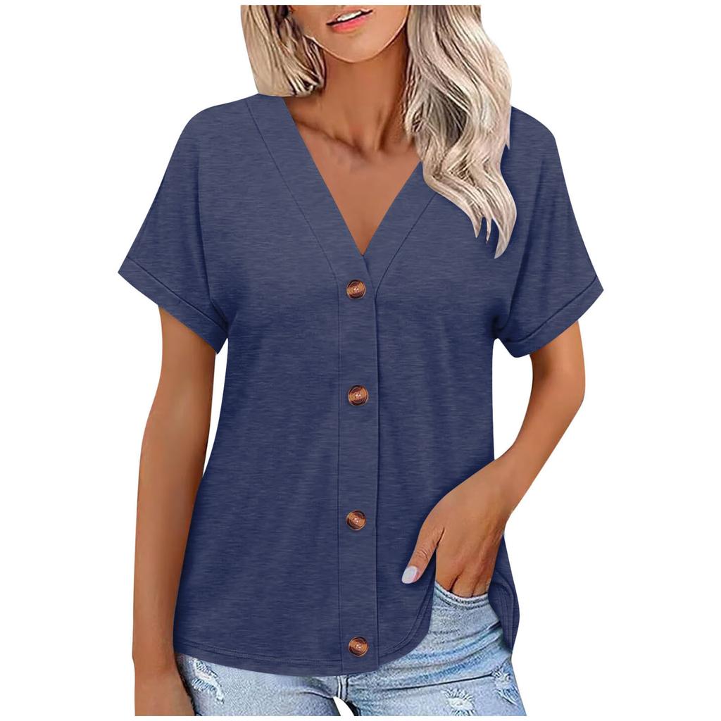 Europe, America Spring and Summer New Solid Color Button Loose Short-sleeved Top T-shirt Women's Spot