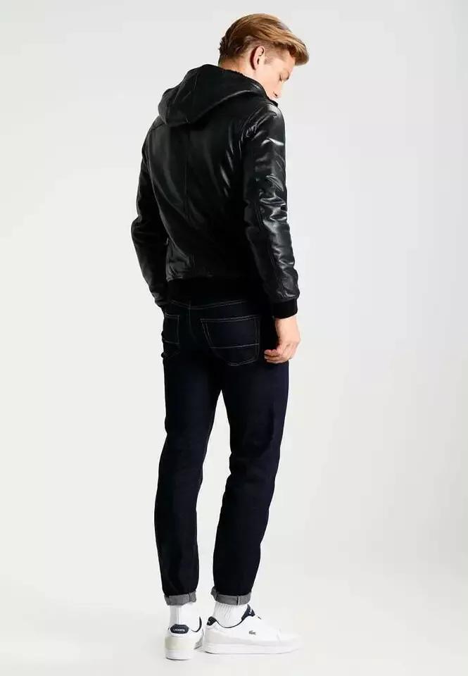 Original Leather Handmade Biker Motorcycle Stylish Black Men's Hoodie Jacket Genuine