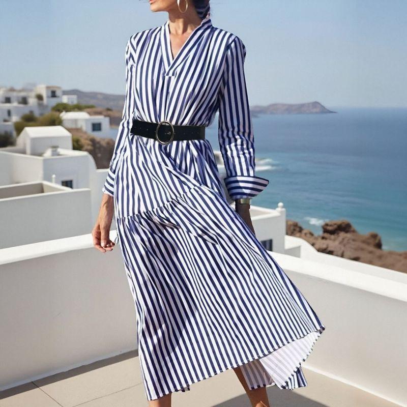 

European and American Women clothes Long sleeve V-neck Mid-Length Stripe Dress Female Summer Long dress Blue L