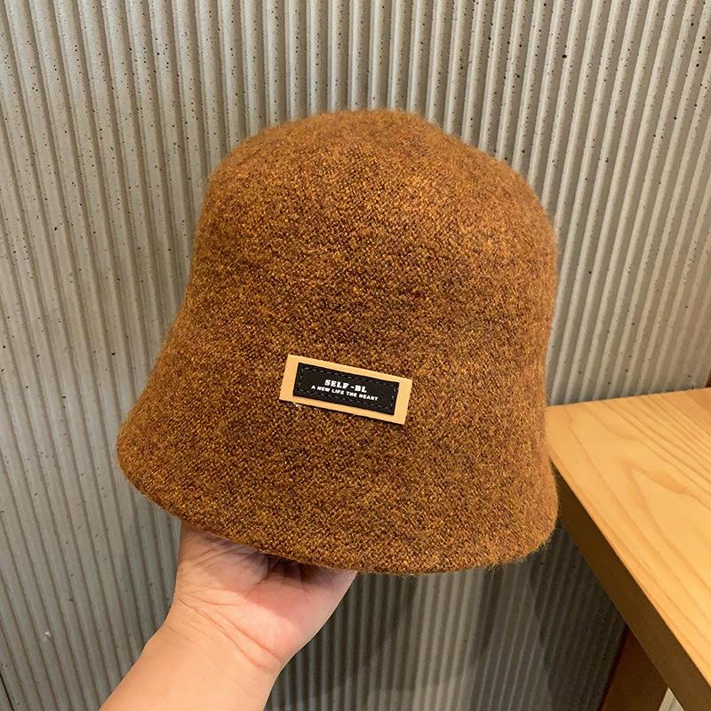 Japanese Ins Simple Letters Woolen Retro Bucket Hat Autumn and Winter Women Fashion Versatile Solid Color Fisherman Hat