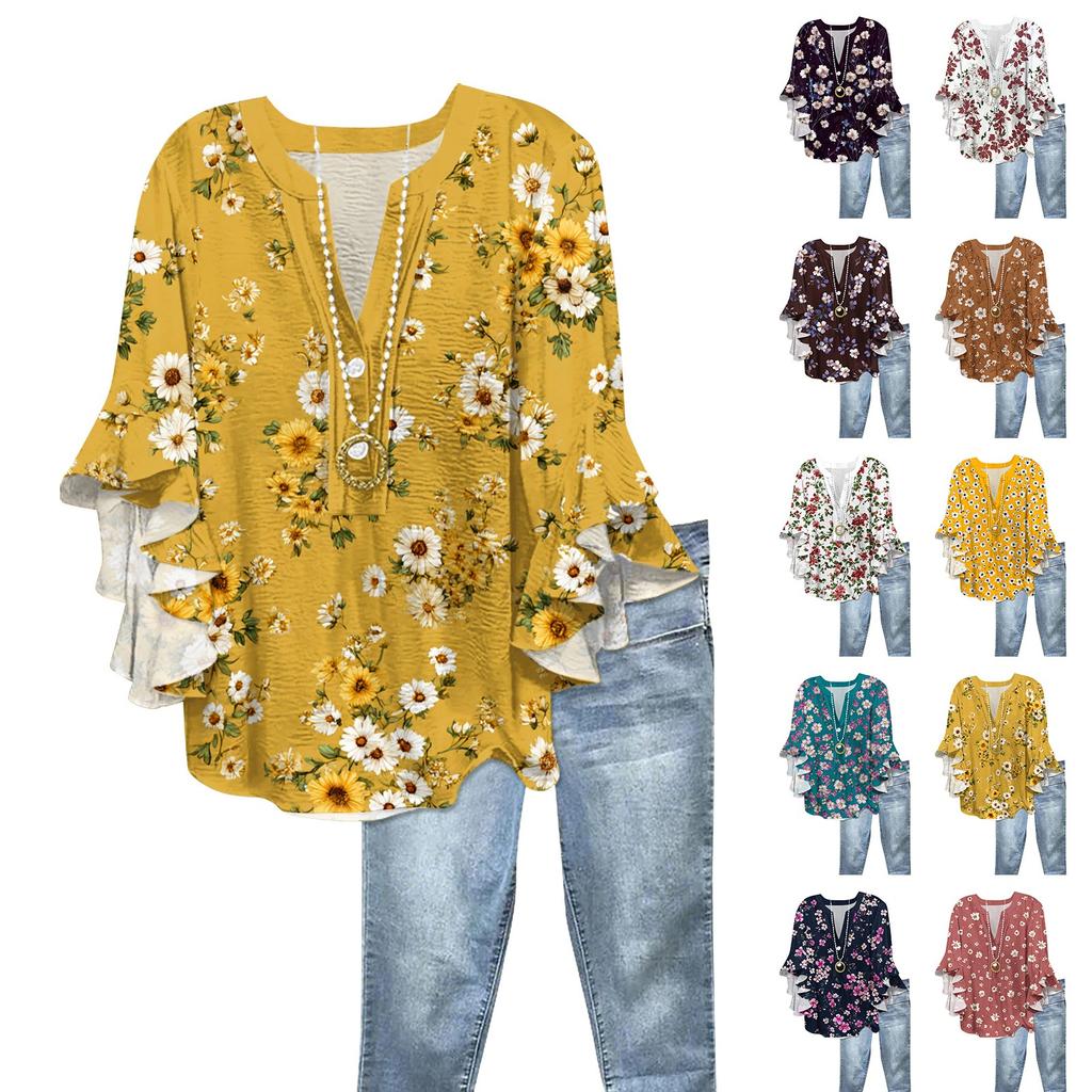 Women's Fashion Button V-Neck Ruffle Seven Sleeve Blouse Floral Printed Top