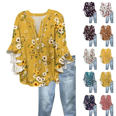 Women's Fashion Button V-Neck Ruffle Seven Sleeve Blouse Floral Printed Top