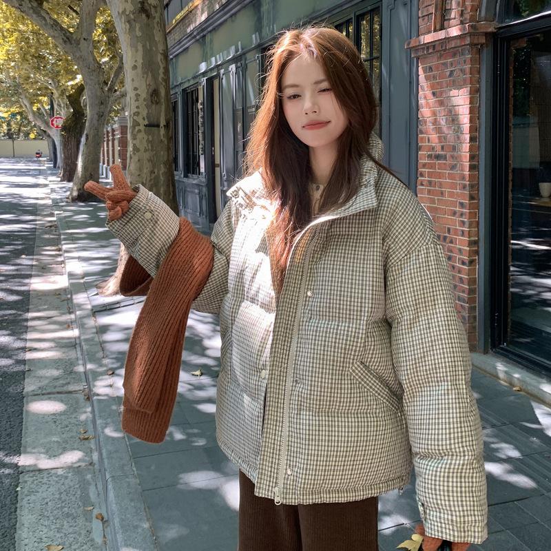 Handu Yishe plaid stand-up collar cotton-padded clothes for women's winter new loose and thickened padded small short cotton-padded jacket
