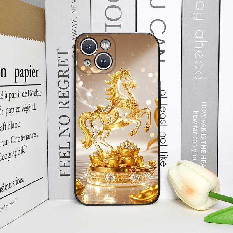 Luxury Crystal Golden Horse Pattern Phone Case for IPhone 17 16 12 11 14 Plus 13 15 Pro Max Mini X XS XR Shockproof Soft Covers
