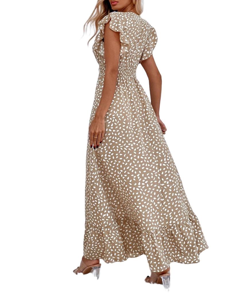 European & American Women's Fashion Spring/Summer 2025 V-Neck Waist-Hugging Long Dress Ruffle Elegant Style