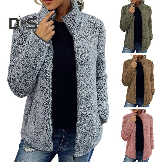 Kurtka zimowa damska z podwójnymi kieszeniami, gruby polar, zapięcie na suwak, kardigan, długie rękawy, ciepły, wiatroszczelny, zatrzymujący ciepło płaszcz zewnętrzny