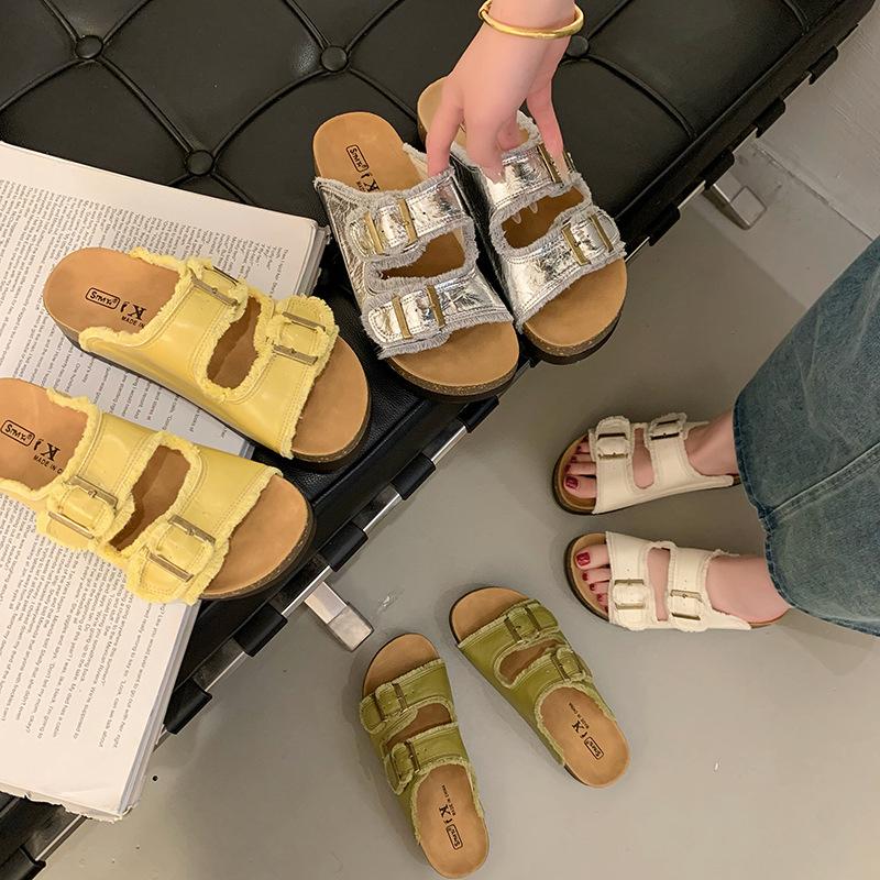 Cowhide Version Thick-soled One-word Boken Slippers for Women To Wear 2025 Summer New Models, Seaside Beach Lazy Cool Slippers
