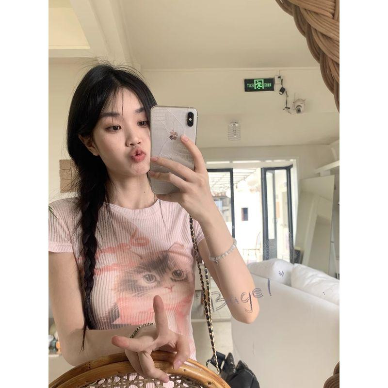 Kumikumi Sweet and Spicy Style Cat Print round Neck Short sleeve T-shirt Women Summer Slim fit Slimming Short Shoulder Top