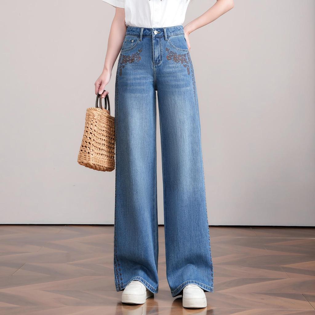 Jeans Évasés Brodés Style Rétro Américain pour Femmes - Collection Printemps/Automne 2026 Pantalons Amples Amincissants Coupe Droite Longueur Cheville Tendance
