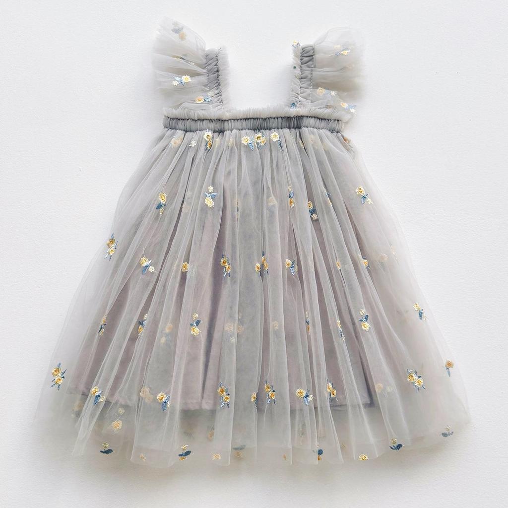 Girls' Flower Embroidered Tulle Dress: Summer Style with Puff Sleeves and Net Yarn Skirt