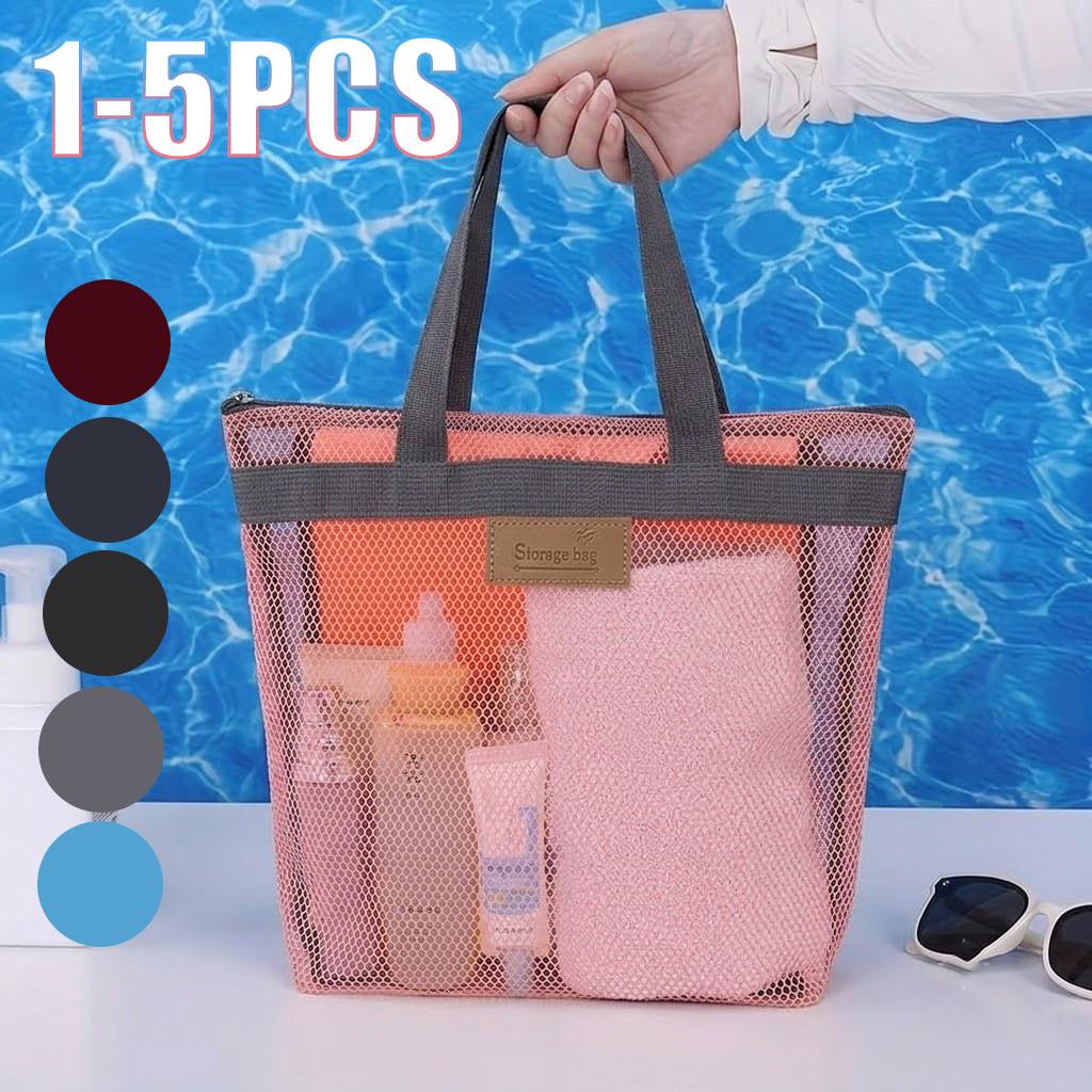 1-5PCS Mesh Beach Bag with Zipper for Swimming Pool Travel Portable Storage Pouch for Wet Swimwear Towel Toiletries Sandals