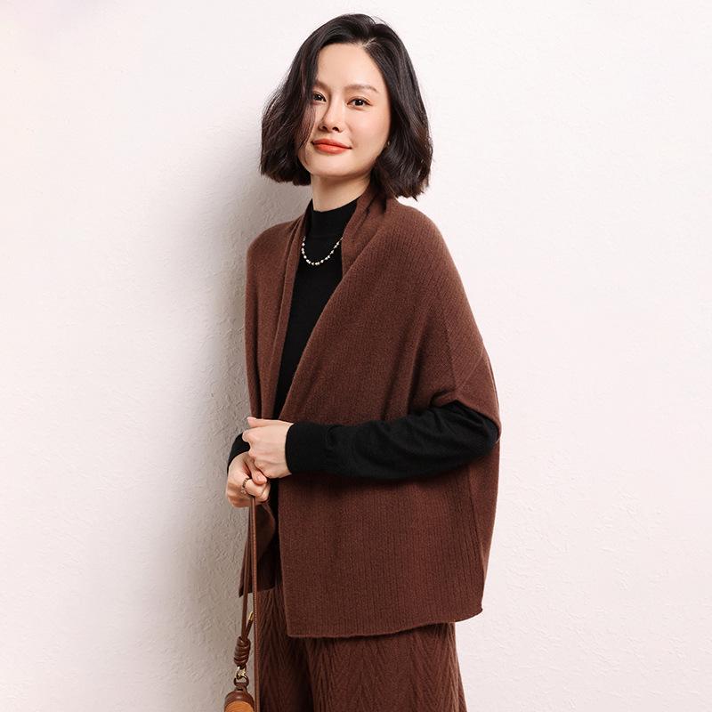 2024 Autumn/Winter Women's Pure Wool Shawl Cardigan - Knit Sleeveless Warm Cape