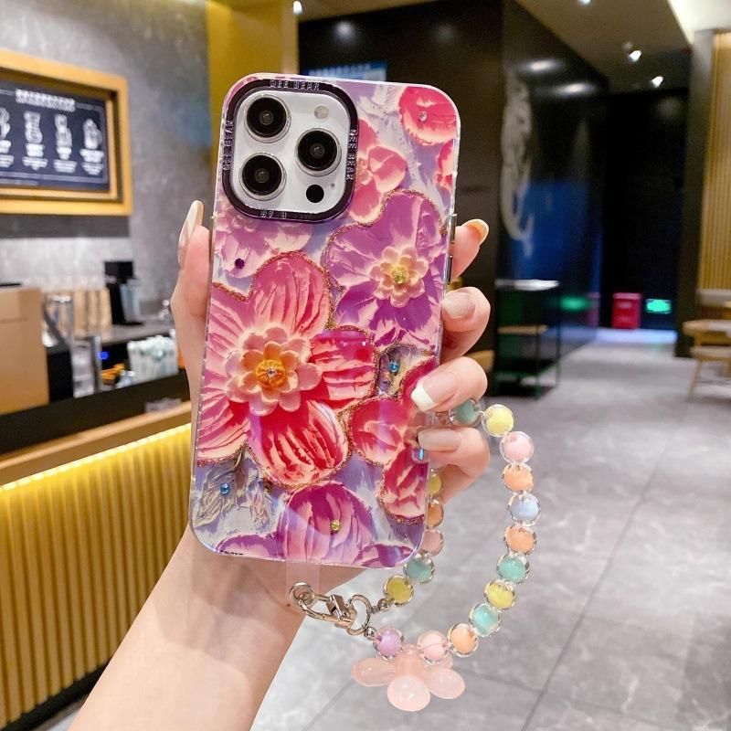 Rhinestone Rainbow Flower Phone Case With Bracelet For Samsung S25 Ultra Iphone 16 Pro Max