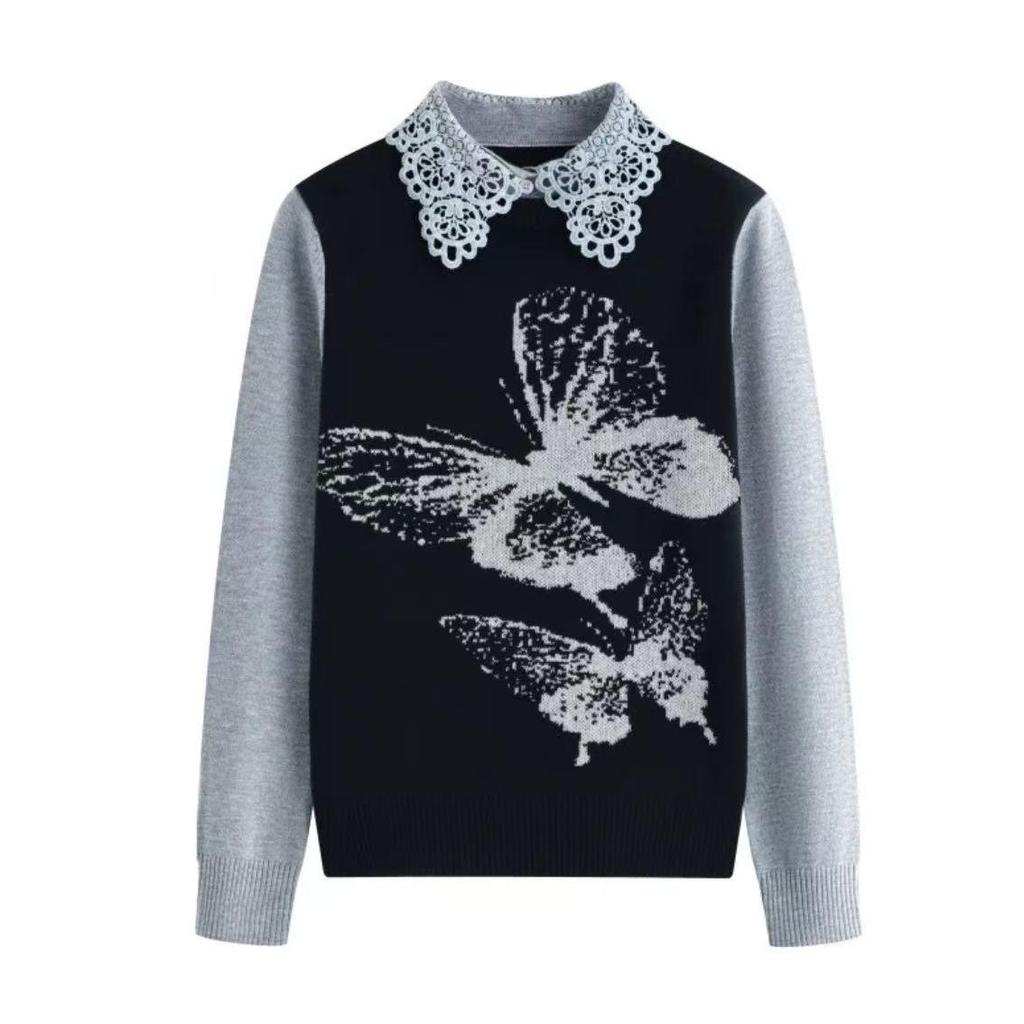 Women's Retro Color Block Lace Knit Sweater with Lapel