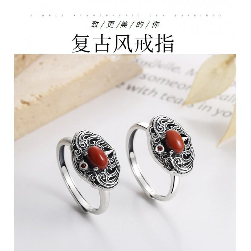 Adjustable Open Ring Men Women Vintage Bohemian Style With Filigree Cutout Design Red Agate Inlay Copper Base Retro