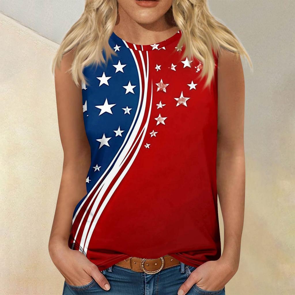 Women's Fashion Casual T-Shirt Round Neck Sleeveless Independence Day Printed Vest Top