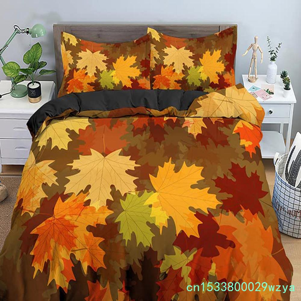 Maple Leaves Polyester Duvet Cover Set Fall Theme Comforter Cover With Pillowcase King Queen Size For Kids Boys Girl Bedding Set