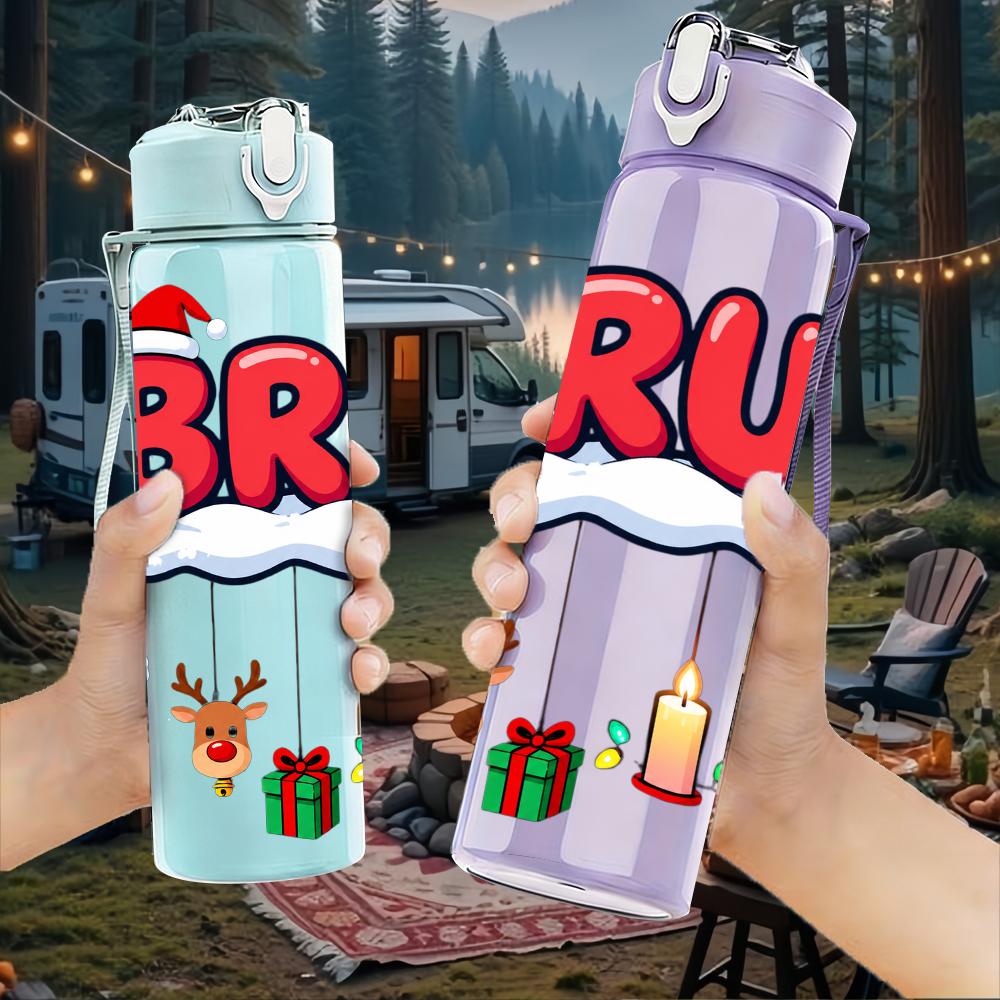 1PC Bruh Christmas Ornament Lettering 750ml Color Plastic Water Bottle Leakproof Flip Straw Lid For Sports Office Home Use