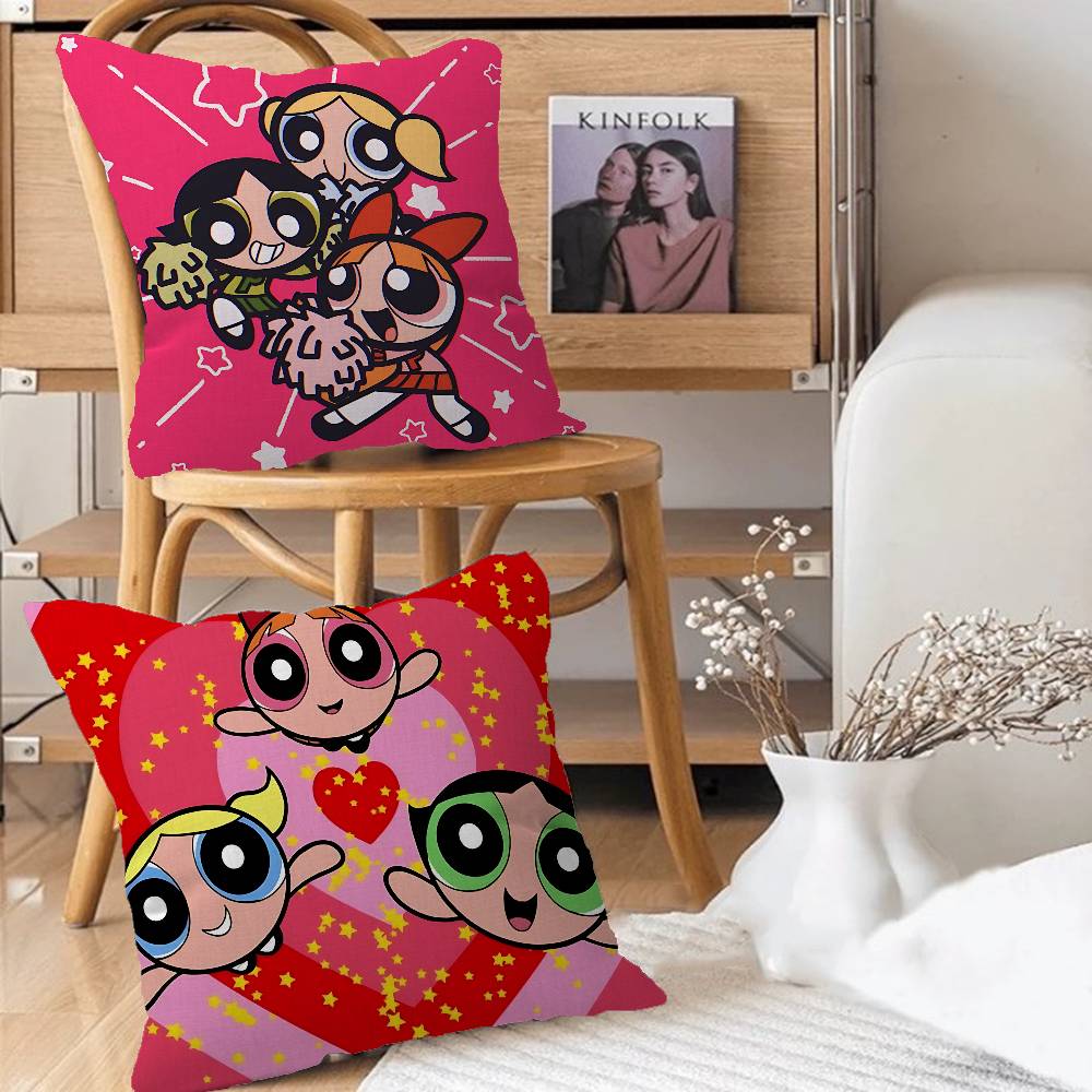 PowerpuffS Anime Girls Pillow Case Removable Washable Cushion Cover – All-Season Soft Linen