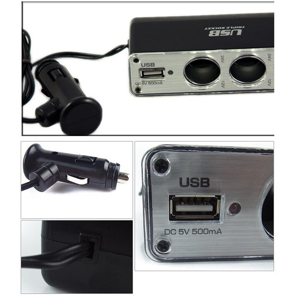 12V/24V Vehicle Power Splitter Adapters with 3 Cigarettes Lighter Port and Builts In USB Chargers for Mobile Gadgets