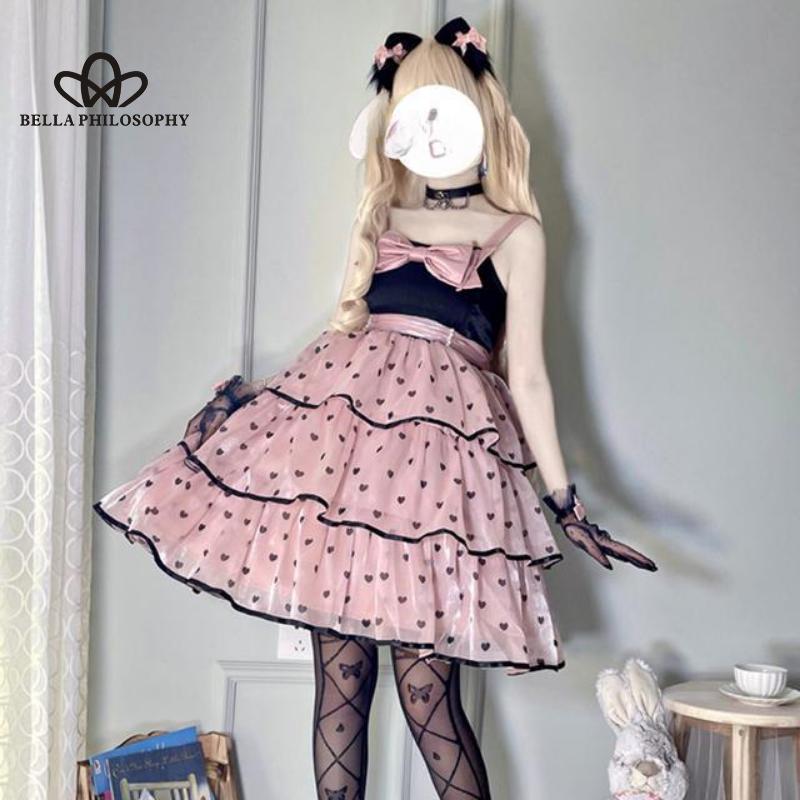 Lolita Guardian Sweetheart Bow Cake Dress Słodka JK Pończoch Drukuj Siatka Bufiasta sukienka księżniczki Kobieta