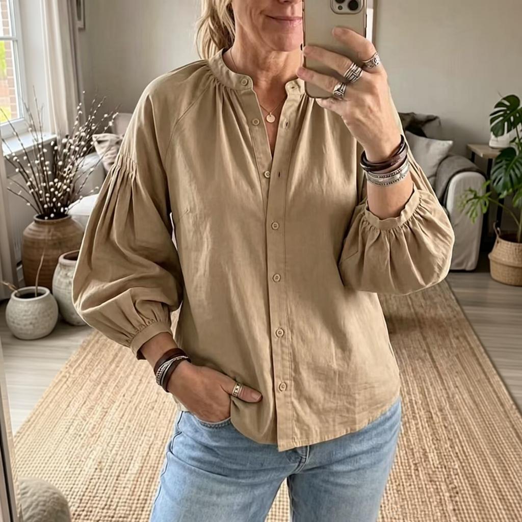 Women's Raglan Puff Sleeve Blouse - Loose Fit Casual Top with Single Button Closure
