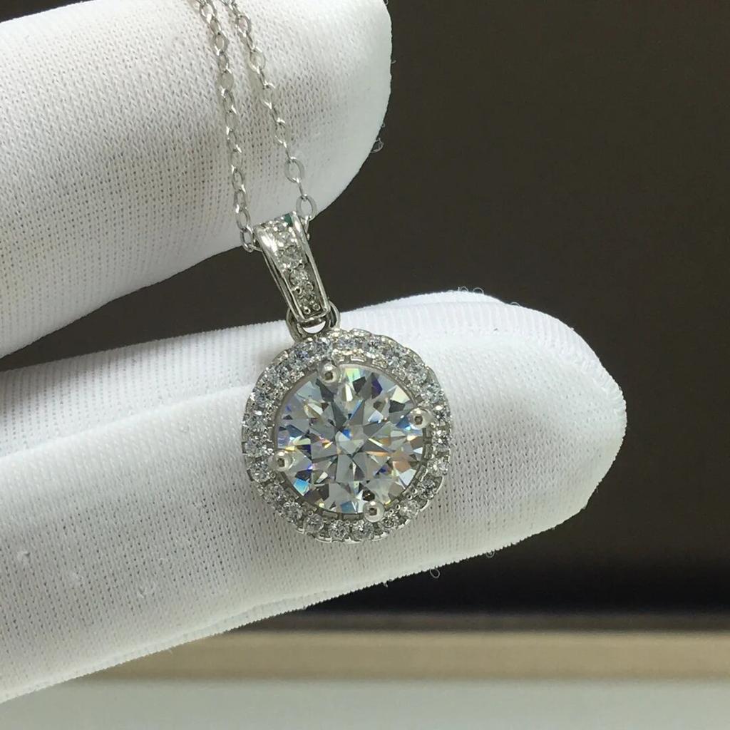 Silver 925 Original 2 Carat Round Brilliant Cut Diamond Test Past D Color Moissanite Pendant Necklace American Gemstone Chain