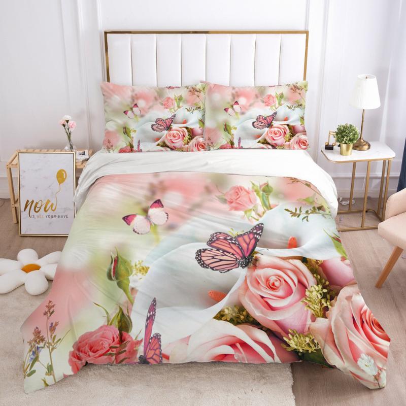 Butterfly Duvet Cover Set Pink Butterflies Rose Printed Comforter Cover Set For Girls Teens Women Spring Fresh Theme Quilt Cover