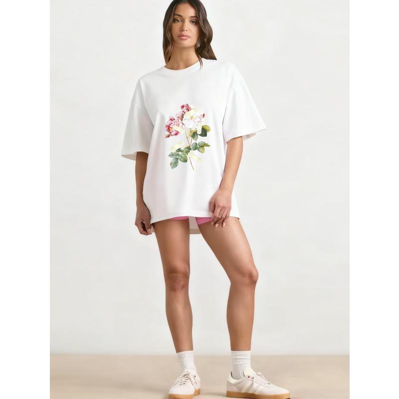 Oversized T Shirt Black Floral Print With White And Pink Roses And Green Leaves Casual Wear For Women Summer Outfit Fashion Streetwear Style