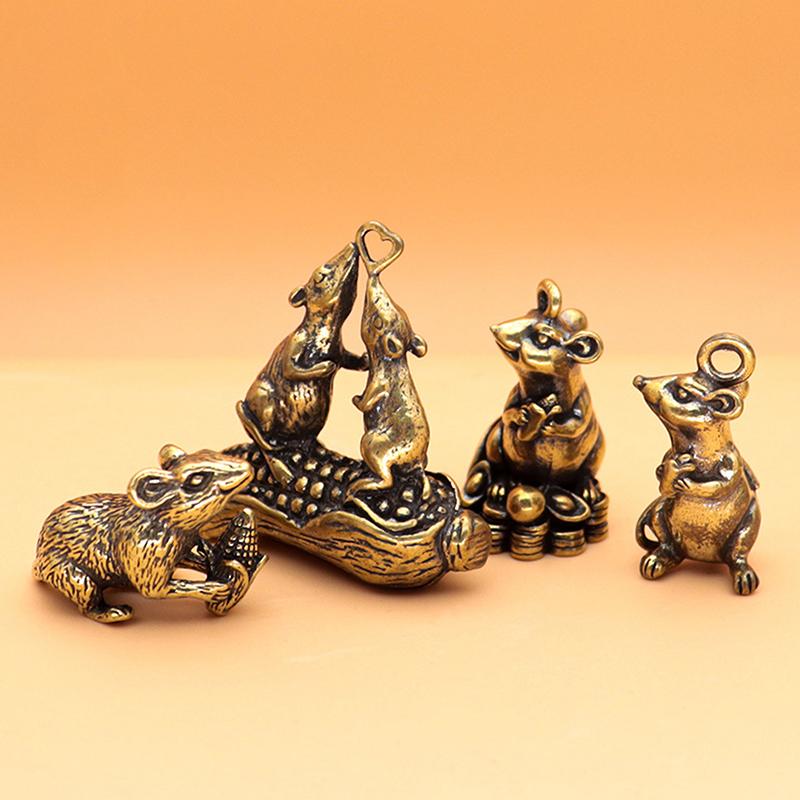 Brass Animal Mice Love Rice Figurines Car Key Chain Pendants Jewelry Diy Keyring Hanging Accessories Cute Rat Keychain Gifts