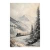 Peinture sur toile Forêt enneigée d'hiver nordique Locomotive à vapeur vintage Élan Renard roux Cabane Paysage Affiche d'art Décor de salon