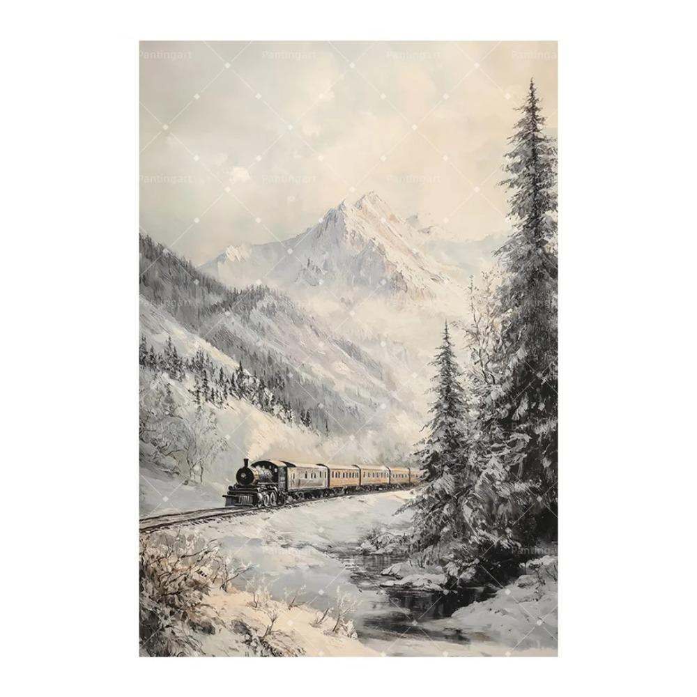 Peinture sur toile Forêt enneigée d'hiver nordique Locomotive à vapeur vintage Élan Renard roux Cabane Paysage Affiche d'art Décor de salon