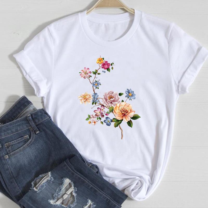 (European Size)90s Fashion Tee Clothing Casual Top Flower Lovely Trend T Shirt Short Sleeve Women Print Lady Female Graphic T-shirt