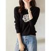 Spring Autumn Women's Round Neck Embroidery Contrast Color Wool Knitted Sweater Elegant Jacquard Type